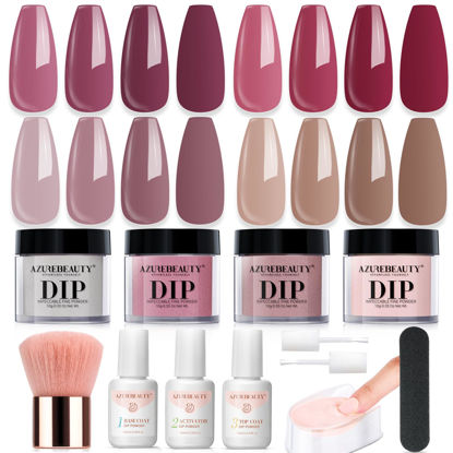 Picture of 4 Colors Dip Nails Powder Kit, AZUREBEAUTY Fall Winter Brown Purple Dipping Powder Starter Set with Base & Top Coat Activator Recycling Tray for French Nail Art Manicure Salon DIY at Home