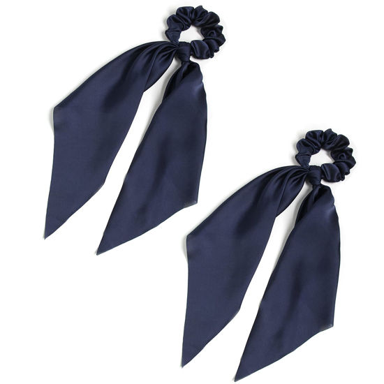 Picture of Pack of 2 Knotted Bow Hair Scrunchies Elastic Hair Scarf Black Hair Ties Bands Satin Hair Ribbon Scrunchy Red Ponytail Holder for Women and Girls (Navy blue)