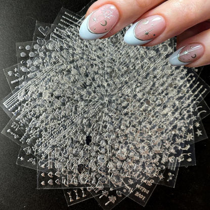 Picture of 30 Sheets Silver Nail Art Stickers 3D Self-Adhesive Line Nail Decals Silver Star Nail Stickers Moon Heart Nail Supplies Nail Art Design for DIY Acrylic Nails Decoration Accessories for Women
