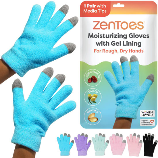Picture of ZenToes Moisturizing Gloves for Dry Hands and Eczema, Gel Infused with Jojoba Seed Oil, Olive Oil and Vitamin E, Overnight Hand Moisturizer (OSFM, Fuzzy Blue with Media Tips)