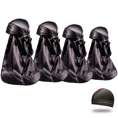 Picture of 4PCS Silky Durags for Men Women 360 Waves with 1 Wave Cap, Silky Satin Durag Extra Long Tails Black Black Black Black