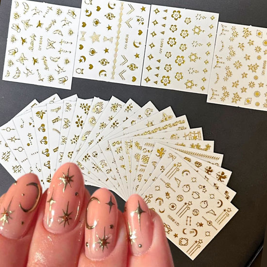 Picture of 30 Sheets Gold Nail Art Stickers Gold Flower Butterfly Nail Stickers Star Line Self-Adhesive Nail Decals Acrylic Nails DIY Design Nail Supplies for Women and Girls