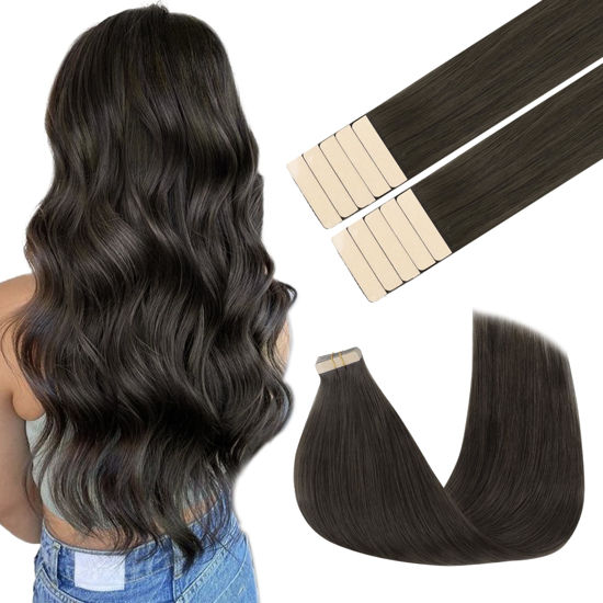 Picture of GOO GOO Tape in Hair Extensions Human Hair, 1C Mocha Brown, 22inch 30g 10pcs, Thick Ends Straight Seamless Tape in, Invisible Tape in Hair Extensions Human Hair