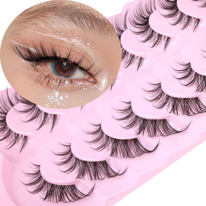 Picture of Manga Lashes Fox Eye False Eyelashes Natural Look Faux Mink Lashes Wispy Clear Band Spiky Cat Eye Strip Eyelashes Pack, 7 Pairs