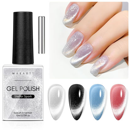 Picture of Makartt Cat Eye Gel Nail Polish: Universal Jelly Holographic Cateye Gel Polish 1 Color Silver Glitter Shimmer Nail Polish Gel with Magnet Stick Soak Off UV Gel for Nail Art Salon Manicure DIY at Home