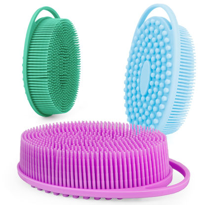 Picture of Soft Silicone Body Scrubber 3 PCS Silicone Body Shower, Silicone Loofah 2 in 4 Bath and Shampoo Brush, Body Scrubber Shower Cleaning Exfoliating Use for Sensitive Skin, Lather Well, Blue,Green,Purple