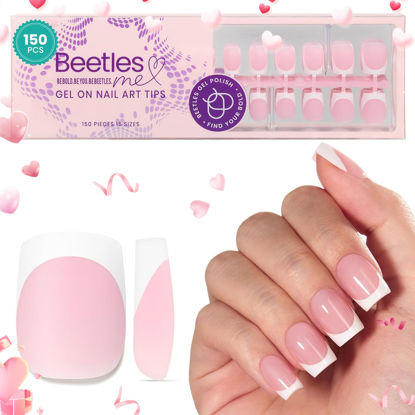 Picture of Beetles French Tip Press On Nails: Valentines Day Gifts for Her 150 Pcs Pink Short Square Press On Nails 4 in 1 Nail Tips, Pre-Applied Primer & Base Coat, No File Need DIY Manicure for Nail Extension