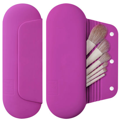 Picture of AGIKET Silicone Makeup Brush Holder Travel Cosmetic Bag：Soft Portable Cosmetic Face Brushes Holder with Upgrade Anti-Fall Out Magnetic Closure, Large Travel Makeup Brush Case - Bright Pink