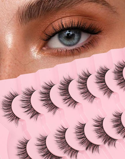 Picture of Natural Lashes Wispy C Curl False Lashes 9mm-16mm Demi Wispies Eyelashes Short Volume Mink Lashes Pack Fairy Classic Fake Lashes Cute Small Eye Lashes Pack 7 Pairs