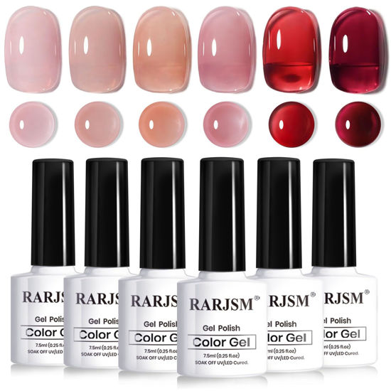 Picture of RARJSM Nude Jelly Gel Nail Polish Set 6pcs Clear Crytal Glass Pale Gray Pink Cherry Red Series Transparent Sheer Amber Milky Gel Varnish LED UV Curing Requires Soak off French Manicure Home Salon
