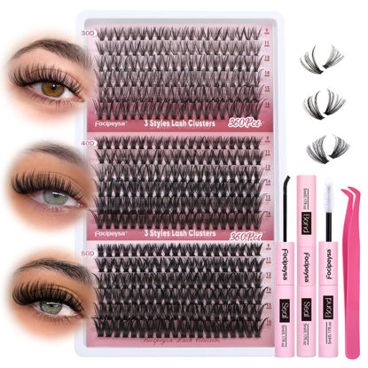 Picture of Focipeysa Wispy Lash Clusters 360pcs Eyelash Extension 30D 40D 50D Individual Lashes 9-16mm Mixed Eyelash Clusters Natural Lash Extensions with Lash Bond and Seal and Tweezers DIY Cluster Eyelashes