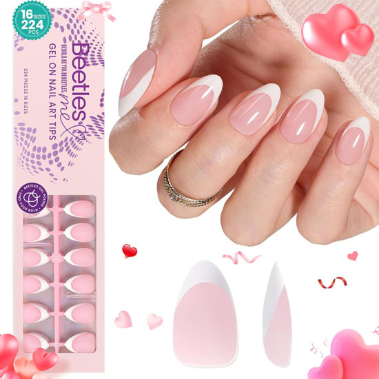 Picture of Beetles French Tip Press On Nails, 16 Sizes 224 Pcs Pink Short Almond Press On Nails 4 In 1 Gel Nail Tips Pre-Applied Primer Base Coat Soak Off Uv Nail Extension DIY Manicure Valentines Gift for Women
