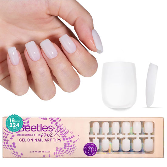 Picture of Beetles Short Square Gel Nail Tips, 224 Pcs Pre Colored Milky White Press on Nails, Pre-Applied Primer, No File Need 3-in-1 DIY Manicure for Nail Designs