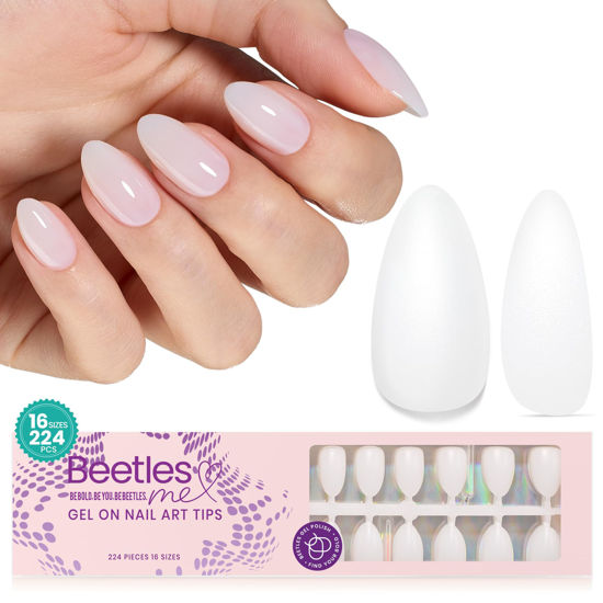 Picture of Beetles Press On Nails Short Almond - 4 in 1 Matte Milky White Soft Gel Nail Tips 224PCS Pre-Applied Tip Primer Nails Press ons 16 Sizes Glue on Nails-Perfect for Girls&Women