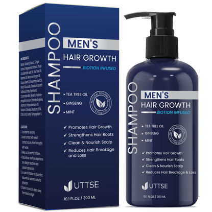 Picture of Uttse Biotin Hair Growth Shampoo for Men: Natural Thickening Shampoo with Tea Tree Oil Ginseng Mint for Hair Loss and Thinning Hair - 10.1 fl.oz, Dark Blue