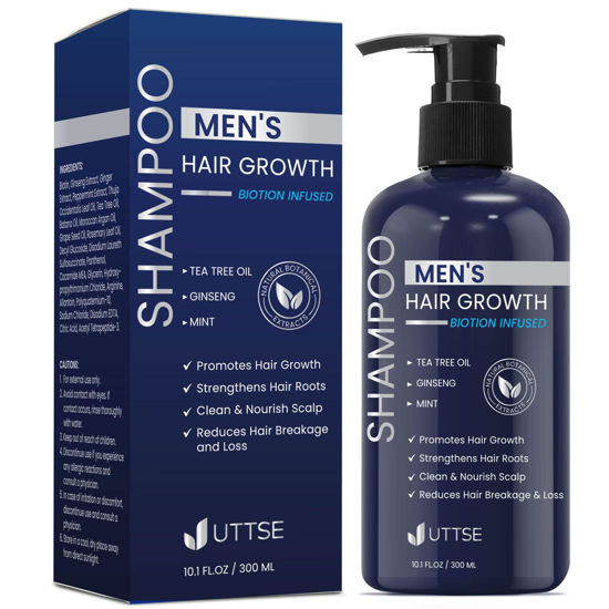 Picture of Uttse Biotin Hair Growth Shampoo for Men: Natural Thickening Shampoo with Tea Tree Oil Ginseng Mint for Hair Loss and Thinning Hair - 10.1 fl.oz, Dark Blue
