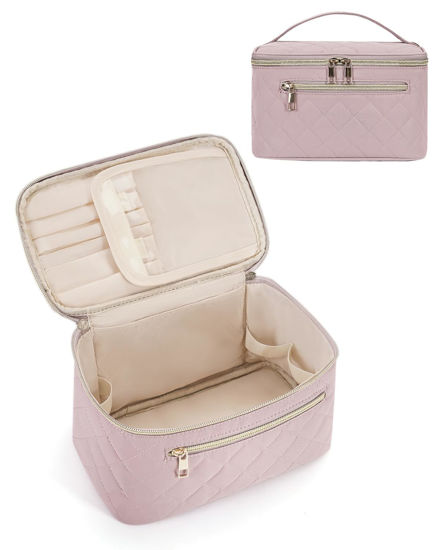 Picture of Wandering Nature Makeup Bag, Travel Make Up Organizer Cosmetic Brush Bags Case for Women in Quilted Fabric, Pink(Patent Pending)
