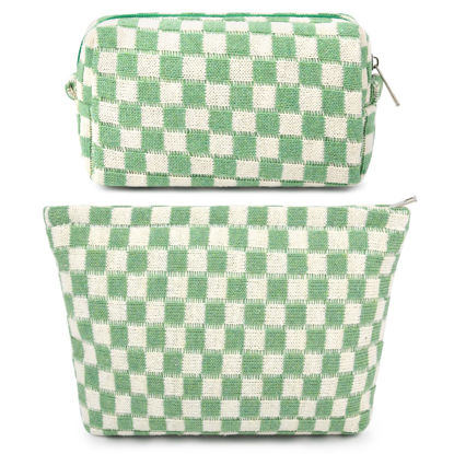 Picture of SOIDRAM 2 Pcs Checkered Makeup Bag Large Cosmetic Bag Toiletry Bag Makeup Pouch Travel Bag Organizer Cute Makeup Brushes Aesthetic Accessories Storage Bag for Women Green