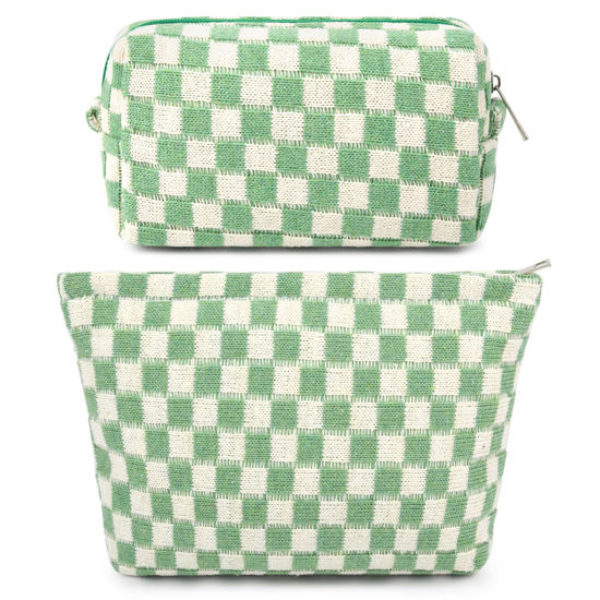 Picture of SOIDRAM 2 Pcs Checkered Makeup Bag Large Cosmetic Bag Toiletry Bag Makeup Pouch Travel Bag Organizer Cute Makeup Brushes Aesthetic Accessories Storage Bag for Women Green