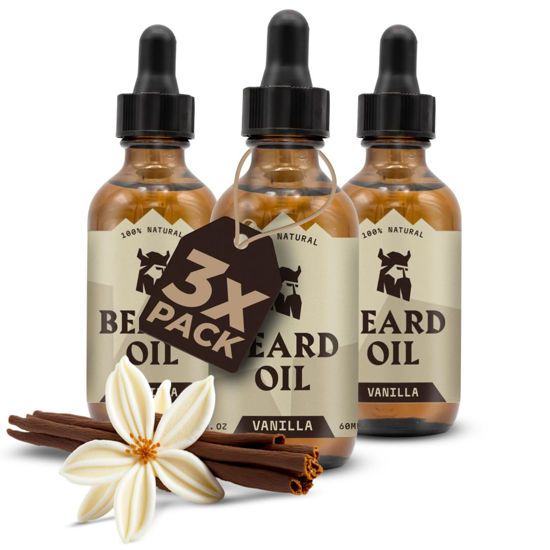 Picture of Striking Viking Scented Beard Oil Conditioner for Men - Natural Derived Formula with Tea Tree, Argan and Jojoba Oils - Softens, Smooths, and Strengthens Beard Growth (Pack of 3, Vanilla)
