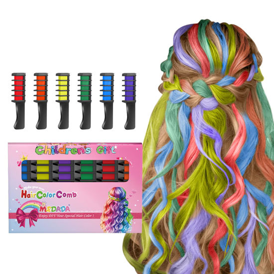 Picture of New Hair Chalk Comb Temporary DIY Hair Color for girls kids age 4 5 6 7 8 9 10 Washable Hair Chalk for Christmas, Birthday Cosplay (Red,Orange,Yellow,Green,Blue,Purple)
