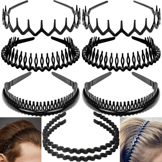 Picture of ULTIMUTE 8 PCS Fashion No Slip Effortless Plastic Headbands with Teeth Comb Black Skinny Headbands Hair Accessories Bands for Women Men Teen Girls, Classic Black Bright
