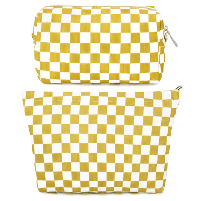 Picture of SOIDRAM 2 Pcs Checkered Makeup Bag Large Cosmetic Bag Toiletry Bag Makeup Pouch Travel Bag Organizer Cute Makeup Brushes Aesthetic Accessories Storage Bag for Women Golden Yellow