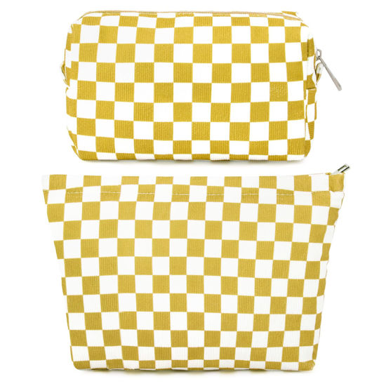 Picture of SOIDRAM 2 Pcs Checkered Makeup Bag Large Cosmetic Bag Toiletry Bag Makeup Pouch Travel Bag Organizer Cute Makeup Brushes Aesthetic Accessories Storage Bag for Women Golden Yellow