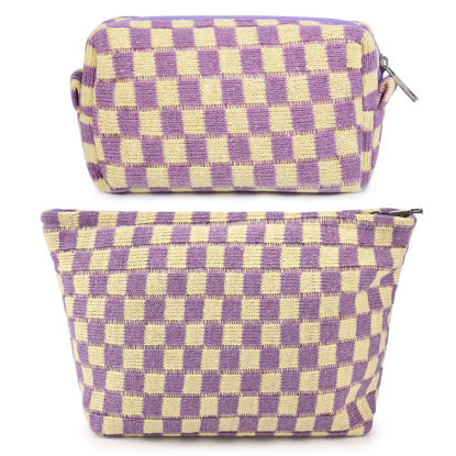 Picture of SOIDRAM 2 Pcs Checkered Makeup Bag Large Cosmetic Bag Toiletry Bag Makeup Pouch Travel Bag Organizer Cute Makeup Brushes Aesthetic Accessories Storage Bag for Women Purple