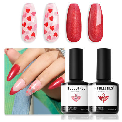 Picture of modelones Gel Nail Polish Set 2 Pcs 15 ML Pink Red Gel Polish Hot Pink Red Love-heart Glitter Gel Polish White Shimmer Spring Valentines Day Soak Off LED Nail Art DIY Gift For Women Girl