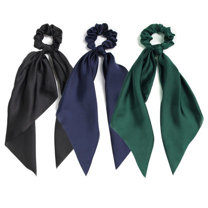 Picture of 3PCS Hair Scarf Scruncheis for Women Knotted Bow Hair Ties Elastic Bands Satin Hair Ribbon Scrunchy Red Ponytail Holder for Women and Girls (Navy Black Green)