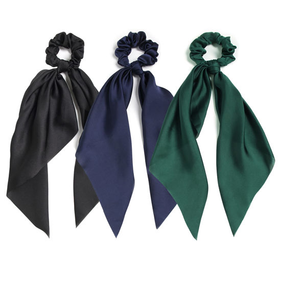 Picture of 3PCS Hair Scarf Scruncheis for Women Knotted Bow Hair Ties Elastic Bands Satin Hair Ribbon Scrunchy Red Ponytail Holder for Women and Girls (Navy Black Green)