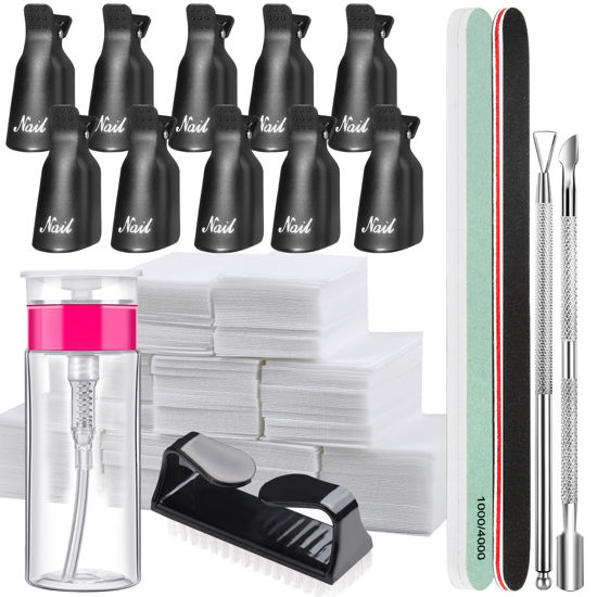 Picture of FANDAME Gel Nail Polish Remover Tools Kit, 10 PCS Nail Polish Remover Clips Black, 100ml Nail Polish Remover Bottle, 500PCS Cotton Pad, Nail Brush, Cuticle Pusher, Nail File, Buffer Block Tools kit