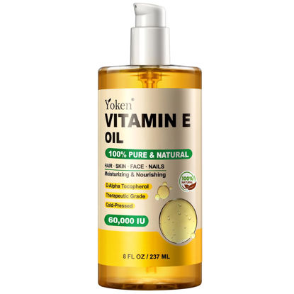 Picture of Yoken Vitamin E Oil 8 Fl Oz Organic Vitamin E oil for Skin Blend 60,000 IU Vitamin E oil for Scars Hair,Face,Nail,Scalp Perfect Bath and Body Oil Cold Pressed Hexane Free Non-GMO Gluten Free Formula