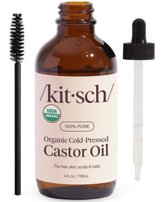 Picture of Kitsch Organic Castor Oil, 100% Pure, Cold Pressed Unrefined Glass Bottle, Castor Oil For Hair Growth, Face, Eyelashes, Eyebrows, Scalp and Nails, Skin Moisturizer, Hexane Free, USDA Organic 4oz