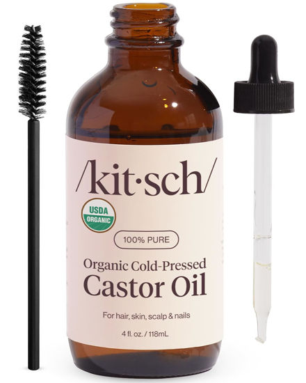 Picture of Kitsch Organic Castor Oil, 100% Pure, Cold Pressed Unrefined Glass Bottle, Castor Oil For Hair Growth, Face, Eyelashes, Eyebrows, Scalp and Nails, Skin Moisturizer, Hexane Free, USDA Organic 4oz
