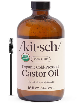 Picture of Kitsch Organic Castor Oil, 100% Pure, Cold Pressed Unrefined Glass Bottle, Castor Oil For Hair Growth, Face, Eyelashes, Eyebrows, Scalp and Nails, Skin Moisturizer, Hexane Free, USDA Organic 16oz