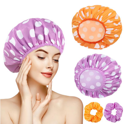 Picture of 2 Sets Large Shower Caps for Women, Waterproof Shower Cap Double Layers Bath Caps Stocking Stuffers for Women Long Thick Hair (Purple/Orange)