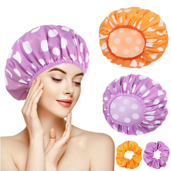 Picture of 2 Sets Large Shower Caps for Women, Waterproof Shower Cap Double Layers Bath Caps Stocking Stuffers for Women Long Thick Hair (Purple/Orange)
