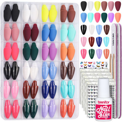 Picture of Teenitor 24 Packs Almond Press On Nails, 576 Pcs Glue On Nails Medium Almond Nails, Reusable False Nails Stick On Nails in 12 Sizes, Fake Nails with Glue