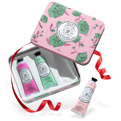 Picture of La Chatelaine Rose Hand Cream Trio Tin Gift Set, Ready-To-Gift Tin, Nautral, Made in France with 20% Organic Shea Butter, Nourishing and Moisturizing (Cherry Almond, Pear, Oud Rose)
