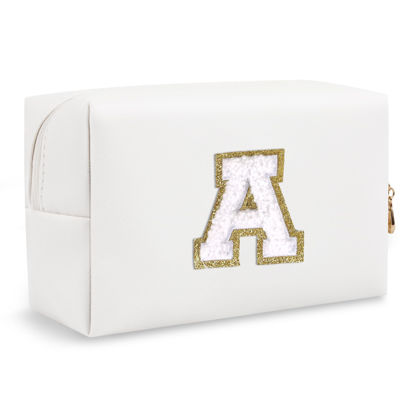 Picture of Small Personalized Initial A-Z Preppy Patch Makeup Bag,White PU Chenille Letter Travel Cosmetic Pouch with Zipper,Cute Toiletry Bag,Gift Ideal for Teen Girls Women Teacher Bridesmaid,Letter A