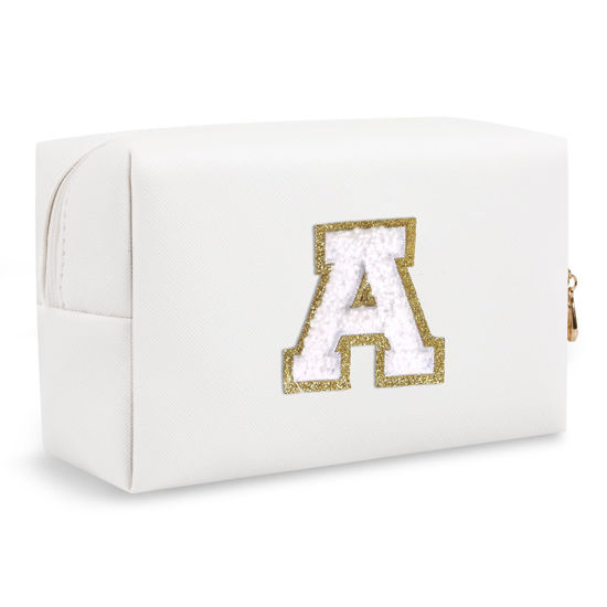 Picture of Small Personalized Initial A-Z Preppy Patch Makeup Bag,White PU Chenille Letter Travel Cosmetic Pouch with Zipper,Cute Toiletry Bag,Gift Ideal for Teen Girls Women Teacher Bridesmaid,Letter A