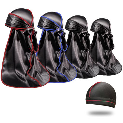Picture of 4PCS Silky Durags for Men Women 360 Waves with 1 Wave Cap, Silky Satin Durag Extra Long Tails