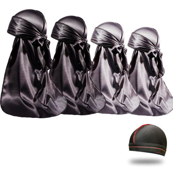 Picture of 4PCS Silky Durags for Men Women 360 Waves with 1 Wave Cap, Silky Satin Durag Extra Long Tails