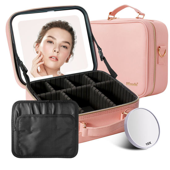 Picture of Mocado Travel Makeup Bag with LED Lighted Mirror, Travel Makeup Organizer, Makeup Case with 3 Color Lighted Setting and 10x Magnifying Mirror, Portable Storage and Adjustable Dividers Makeup Box(Pink)
