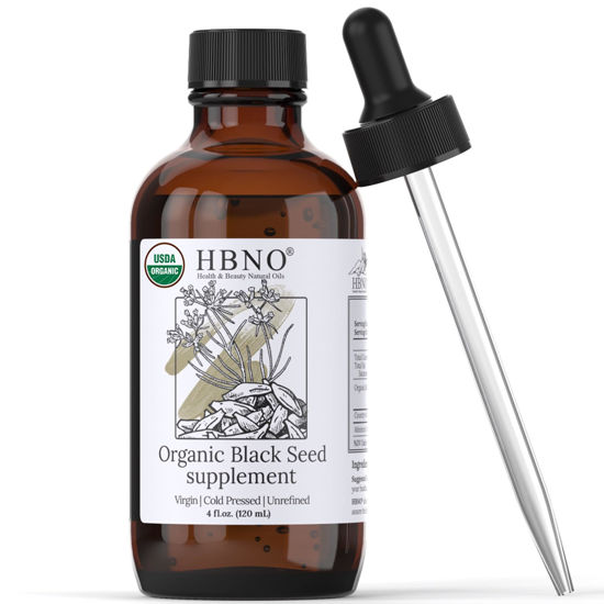 Picture of HBNO Organic Black Seed Oil 4 fl oz (120ml) - USDA Certified Organic Black Seed Oil Organic Cold Pressed - Natural Black Cumin Seed Oil Organic