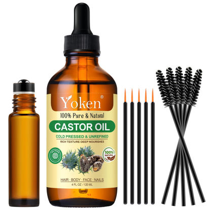 Picture of Yoken Castor Oil Organic EWG Verified 4oz Glass Bottle - 100% Pure, Cold Pressed, Hexane Free, Virgin Caster Oils for Face, Eyelash, Eyebrow, Hair - with Lash Starter Kit & Empty Roller Ball Bottle