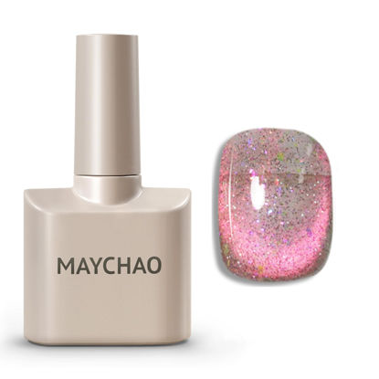 Picture of MAYCHAO 15ML Blush Stardust Cat Eye Gel Nail Polish 1Pc Chameleon Pinkish Gold Cat Eye Gel Polish with Magnet Soak off Holographic Magnetic Nail Polish for Nail Art Manicure Salon DIY at Home, 0.5 OZ