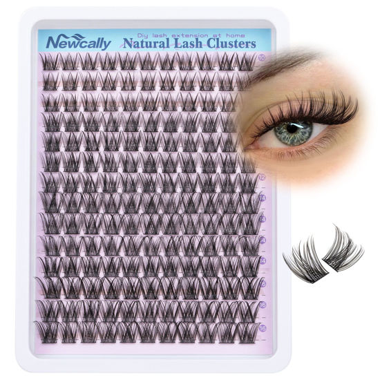 Picture of Cluster Lashes Wispy Natural Eyelash Clusters DIY Lash Extension C Curl Cluster Eyelash Extension 10-16MM Individual Lashes Thin Lash Band by Newcally